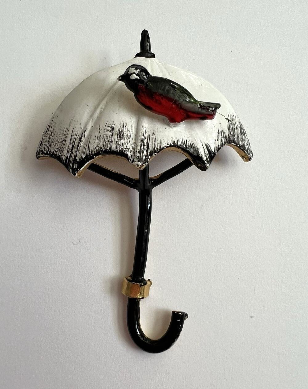 ORIGINAL BY ROBERT VTG 50s 60s Enamel Red Black Bird Umbrella Pin Brooch Rainy